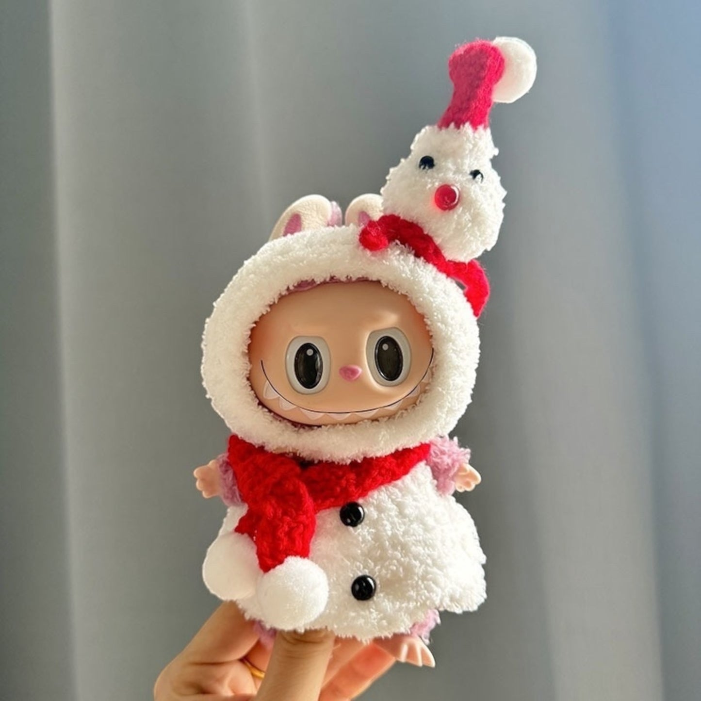 Get ready to spread some holiday cheer with our Christmas Snowman costume for Labubu dolls! Perfect for Labubu versions 1, 2, and 3, this handmade outfit ships worldwide with fast shipping. (Labubu figure not included.) 'Tis the season to be cute and playful!, Christmas-snowman-costume_style_-_Handmand_Labubu_Doll_Outfit