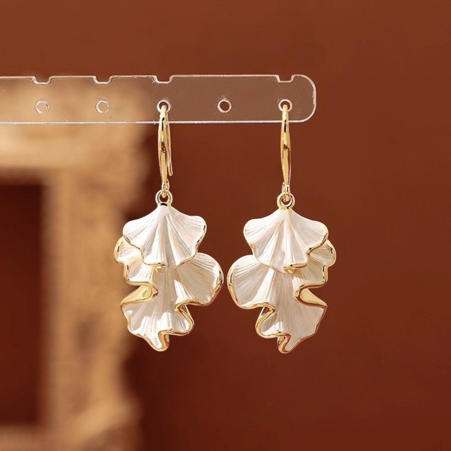 Silken Petal Drop Earrings – Ivory and Gold Elegant Dangle Earrings