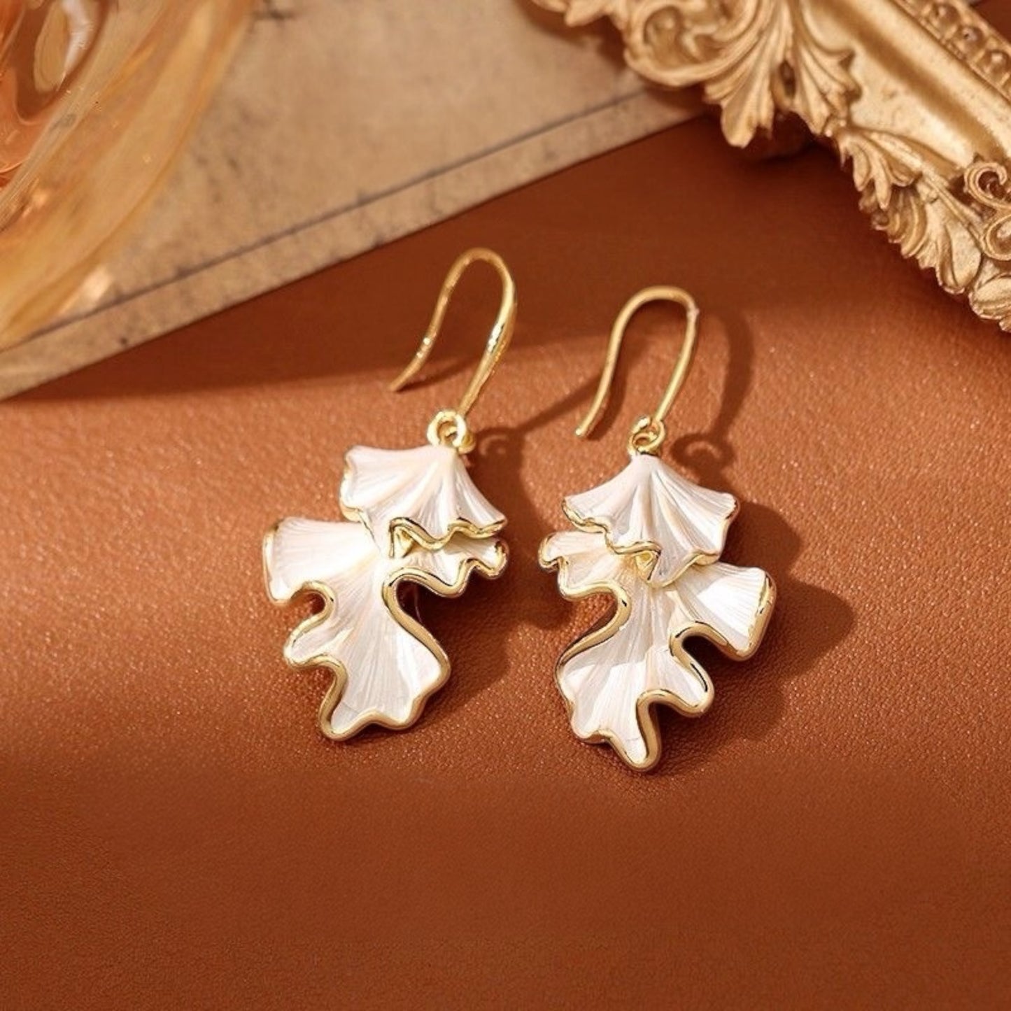 Silken Petal Drop Earrings – Ivory and Gold Elegant Dangle Earrings