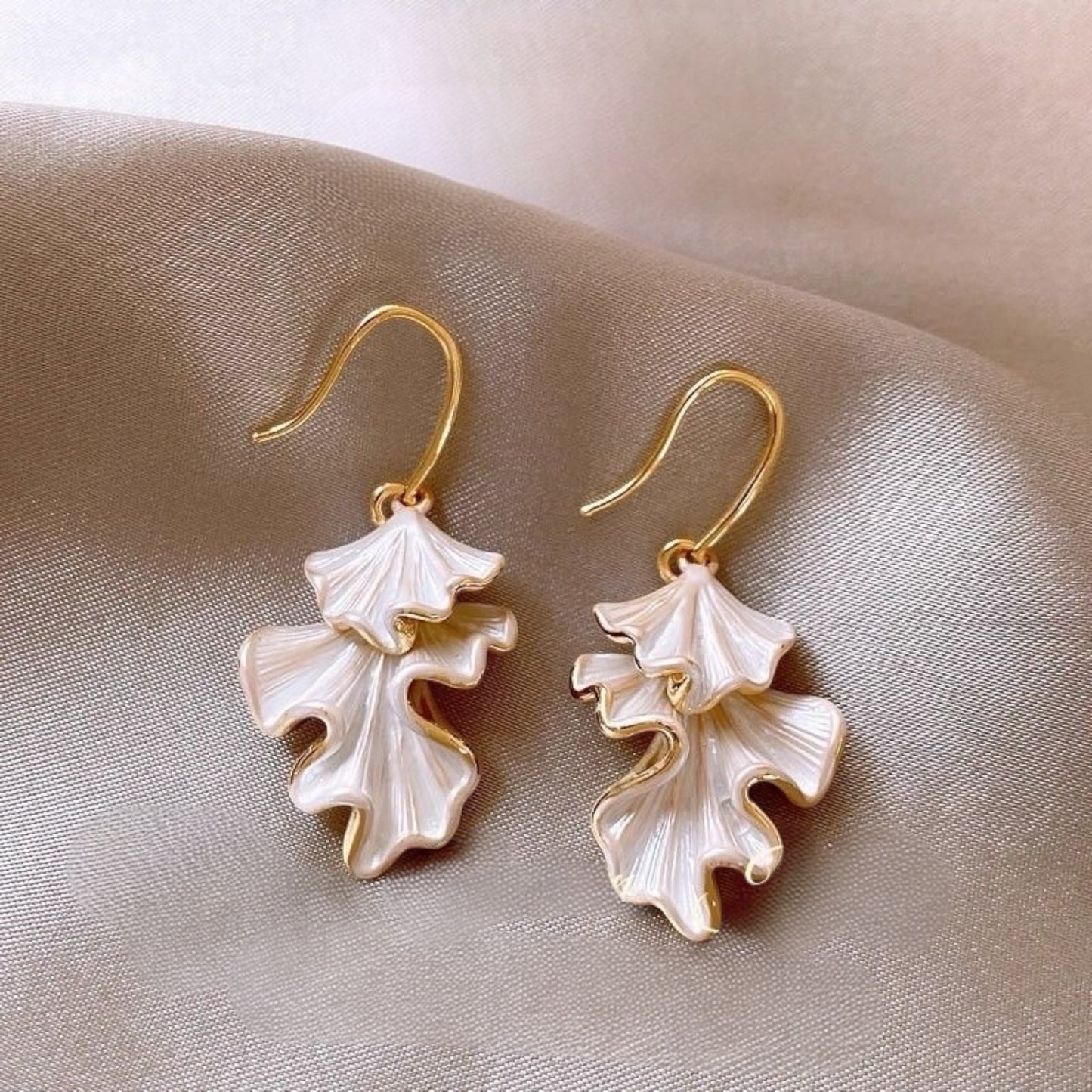 Silken Petal Drop Earrings – Ivory and Gold Elegant Dangle Earrings