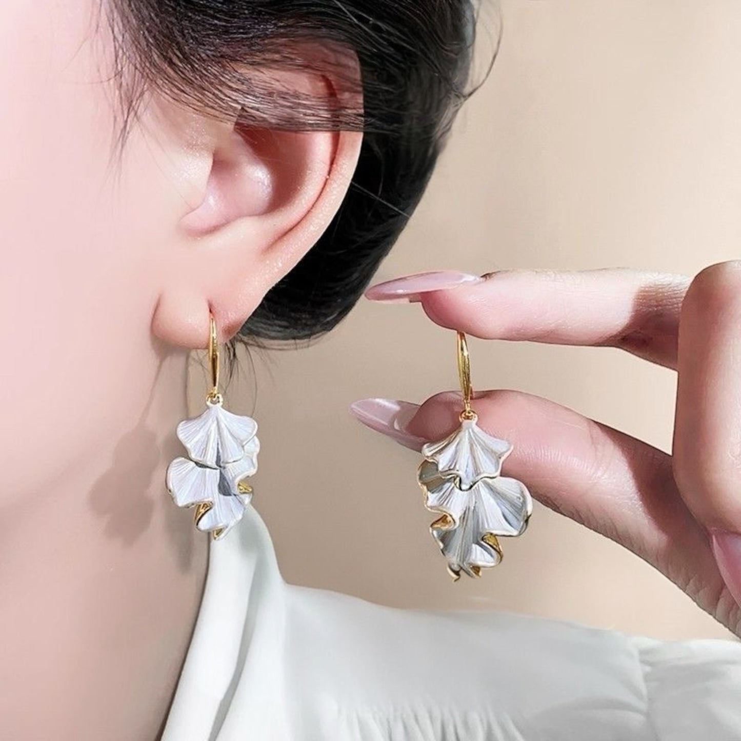 Silken Petal Drop Earrings – Ivory and Gold Elegant Dangle Earrings