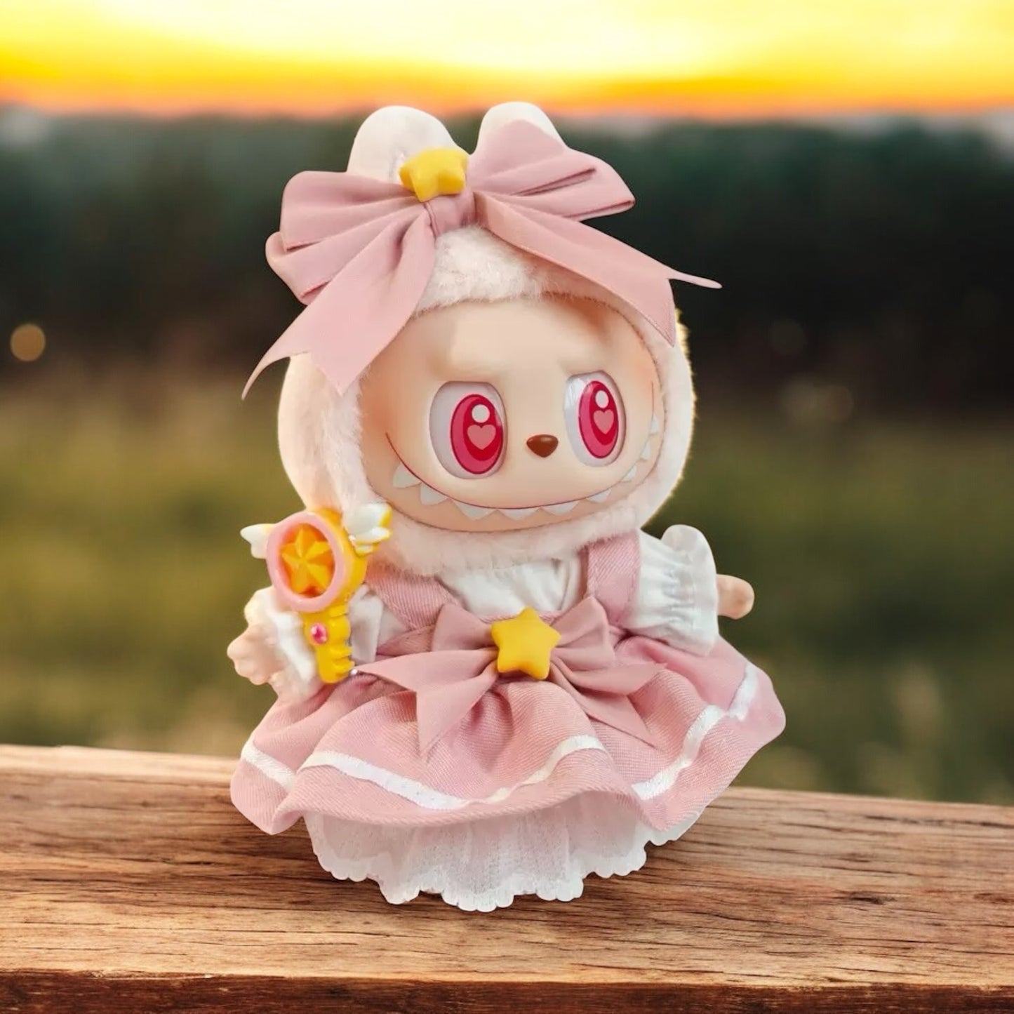 “Pink Magic Star” Outfit Set | Bow Hood, Star Waist Charm, Magic Wand, fit for 17mm Labubu Doll