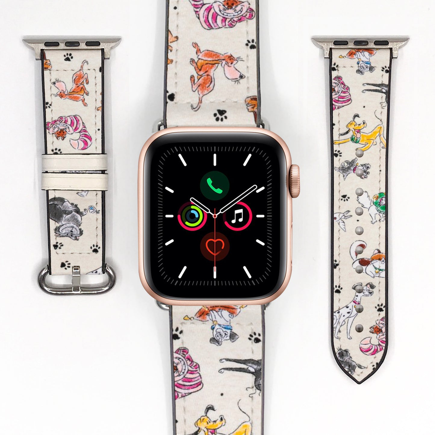 Apple Watch Smartwatch with a Disney-themed Dogs and Cats band on a white background