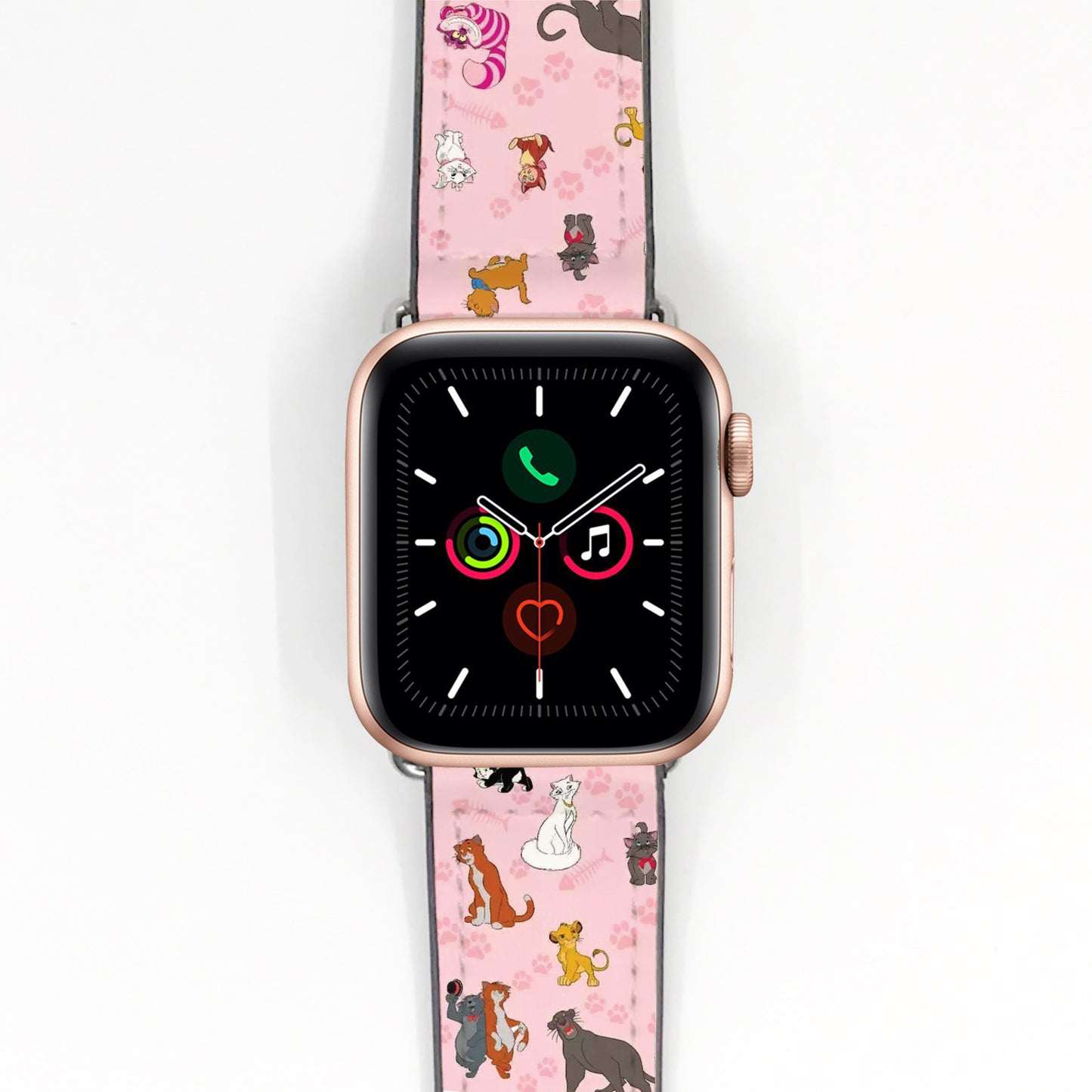 Apple Watch Smartwatch with a pink watch strap featuring disney cats designs on a white background