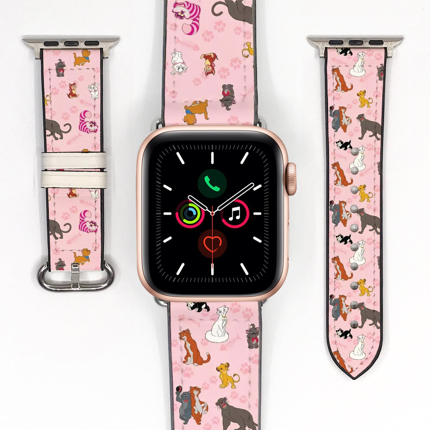 Apple Watch Smartwatch with a pink watch strap featuring disney cats designs on a white background