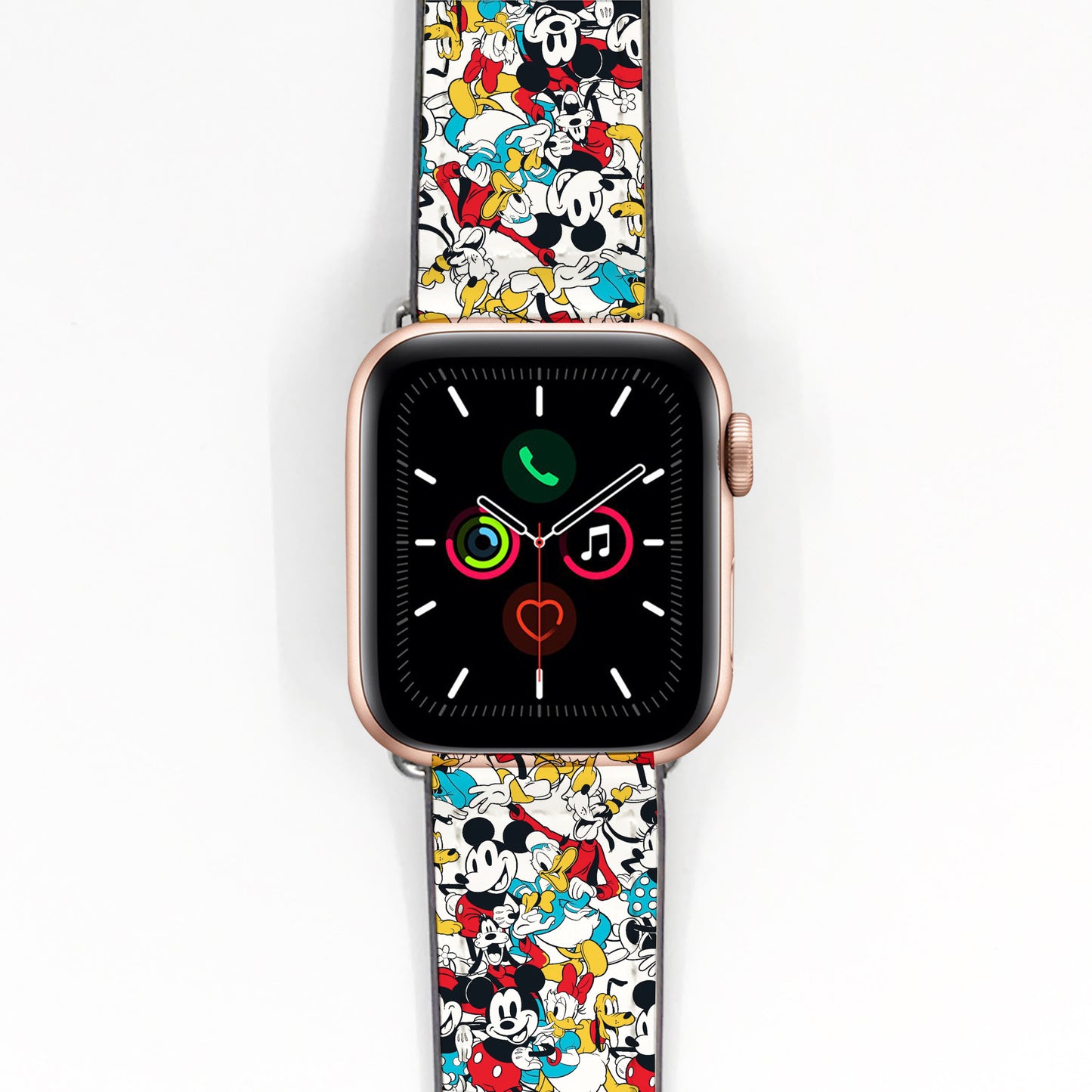 Smartwatch with a colorful Mickey Mouse patterned band on a white background