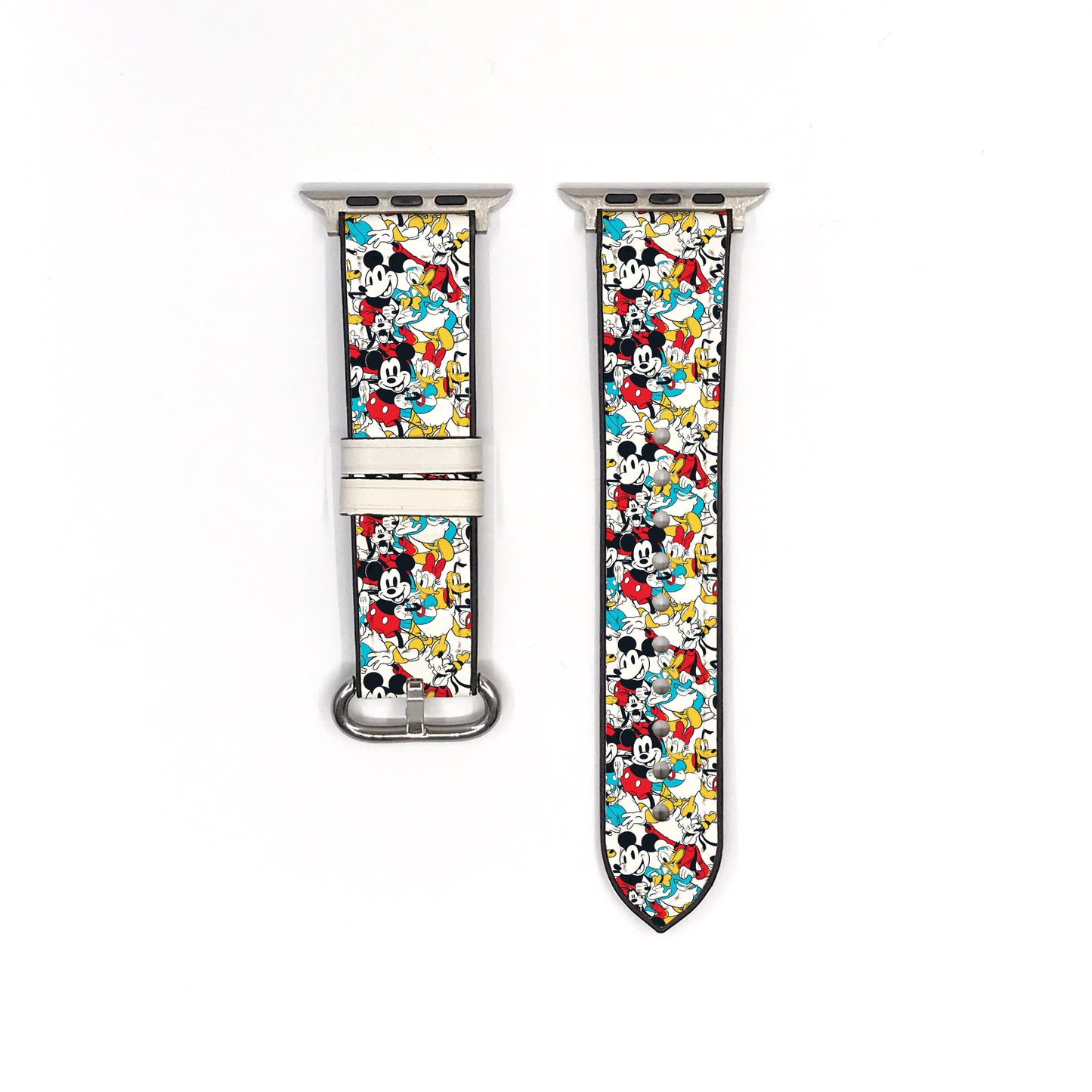 Two watch straps with colorful Mickey Mouse pattern on a white background