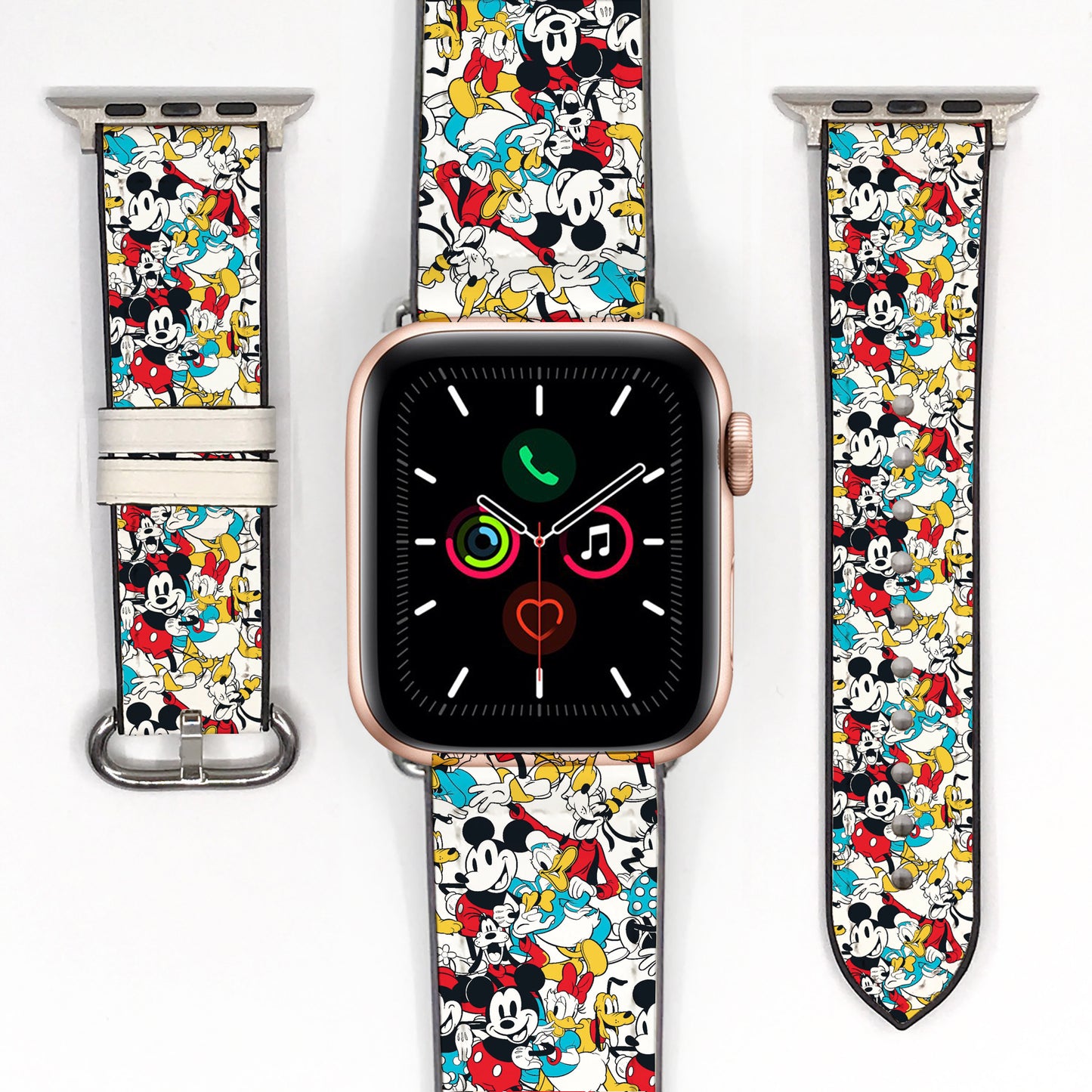 Smartwatch with colorful Mickey Mouse patterned band on a white background
