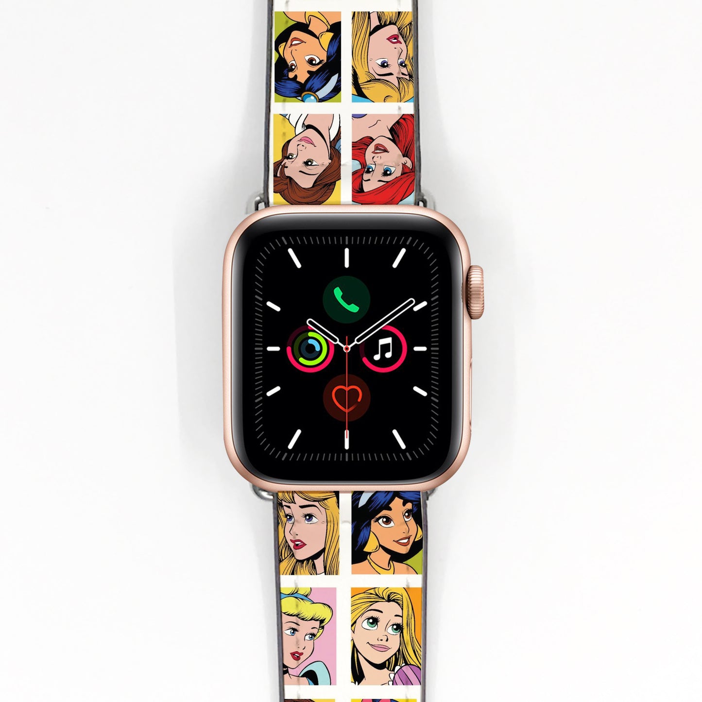 Smartwatch with a colorful band featuring animated characters disney princesses on a white background