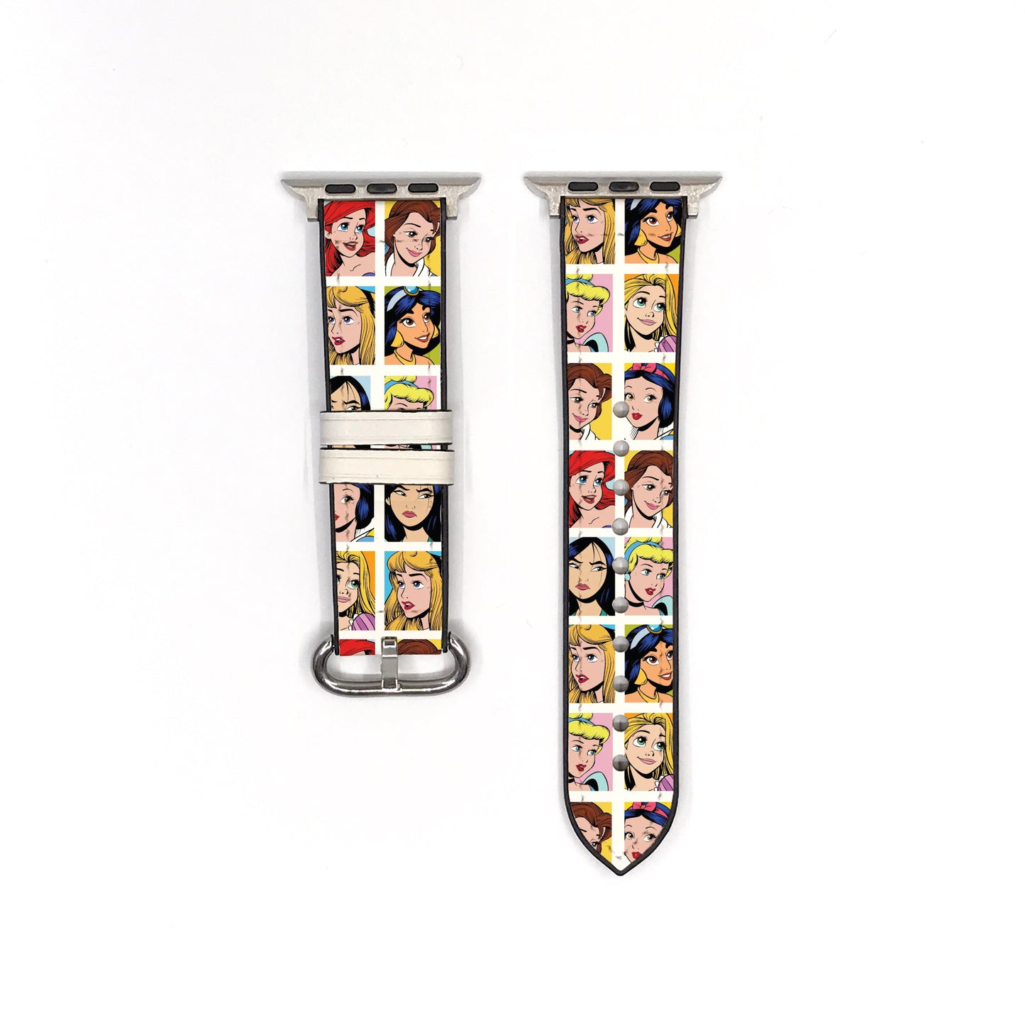 Smartwatch with a colorful band featuring animated characters disney princesses on a white background