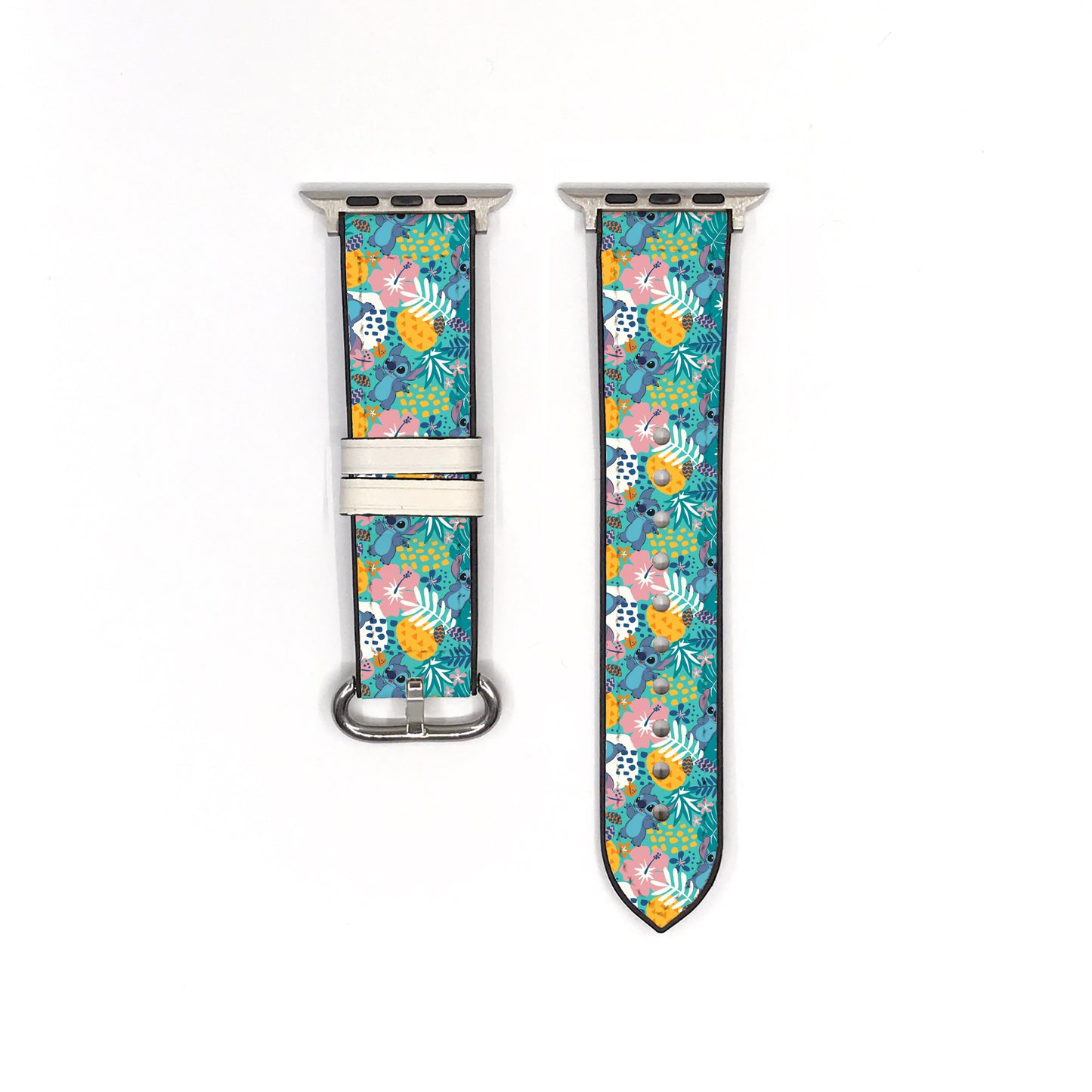 Smartwatch apple watch band with a colorful floral lilo and stitch patterned band on a white background