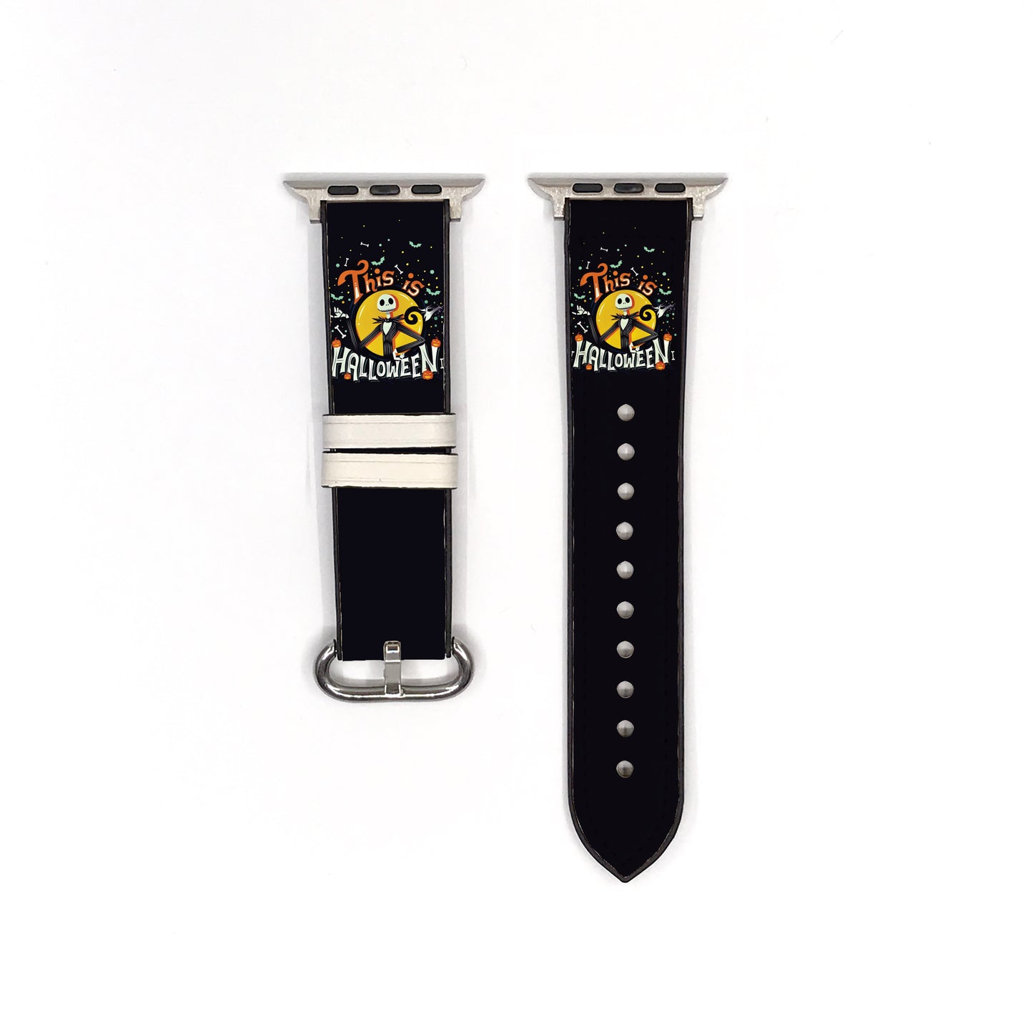 Smartwatch with a black Nightmare before Christmas Jack Halloween-themed band on a white background