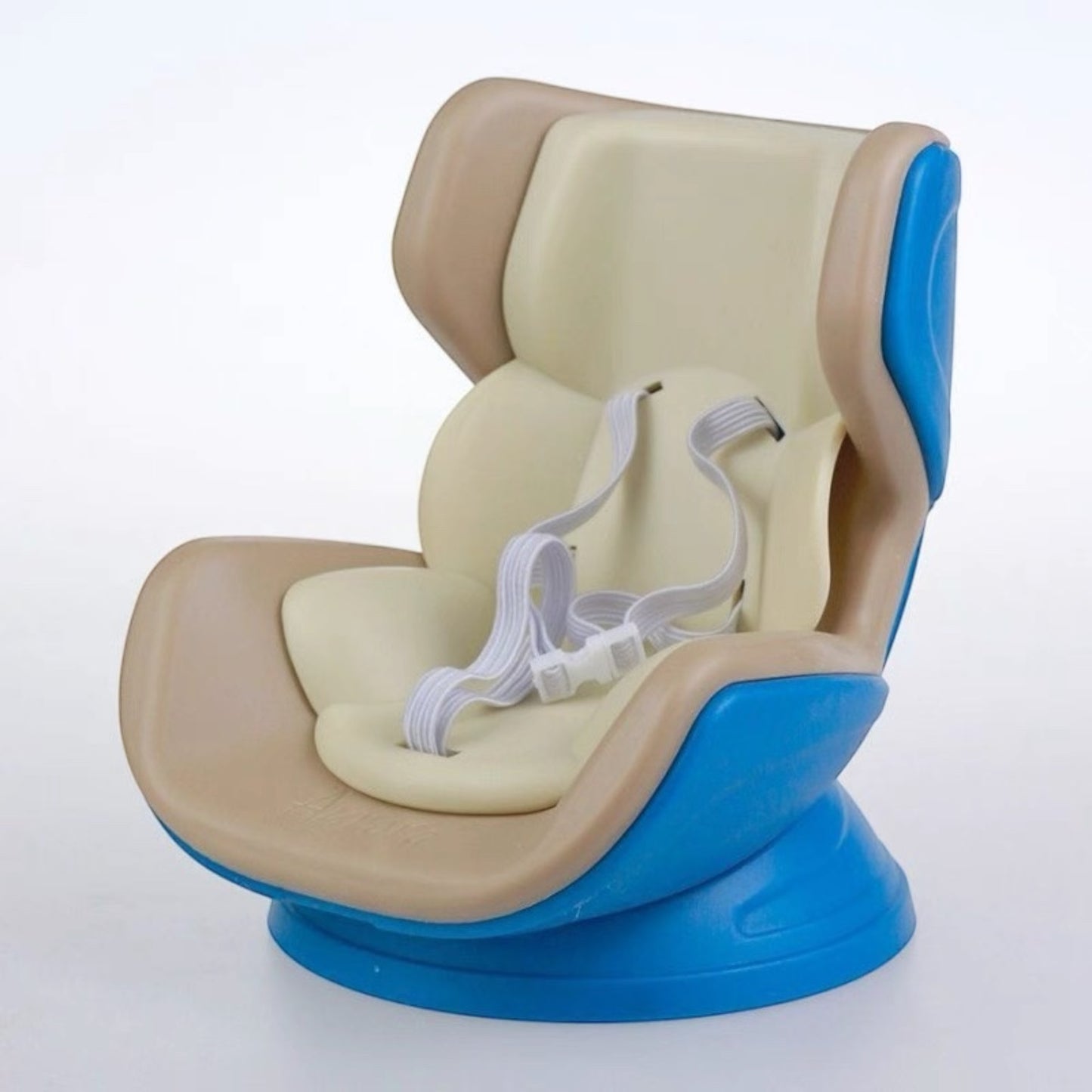 Baby seat with beige cushion and blue base on a white background