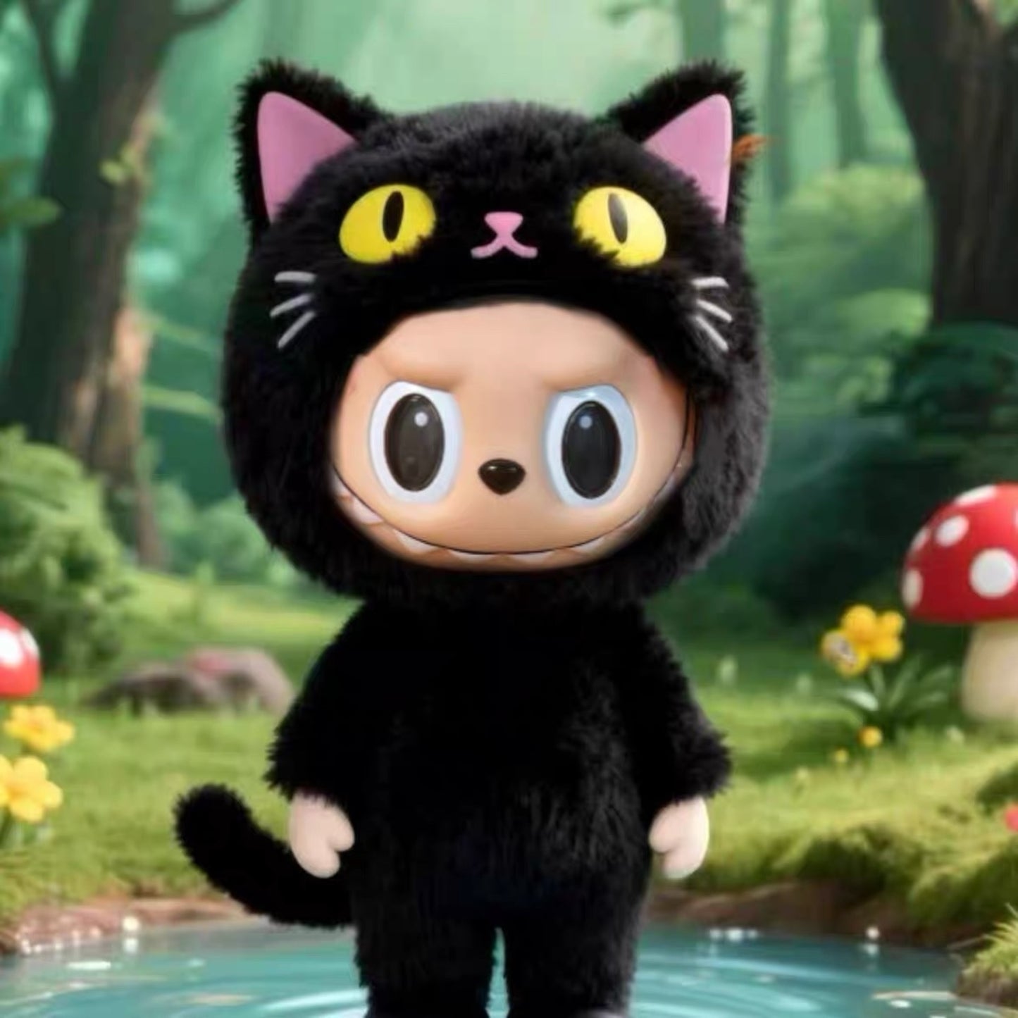 Labubu Doll Wearing a Black Cat Costume with forrest style background