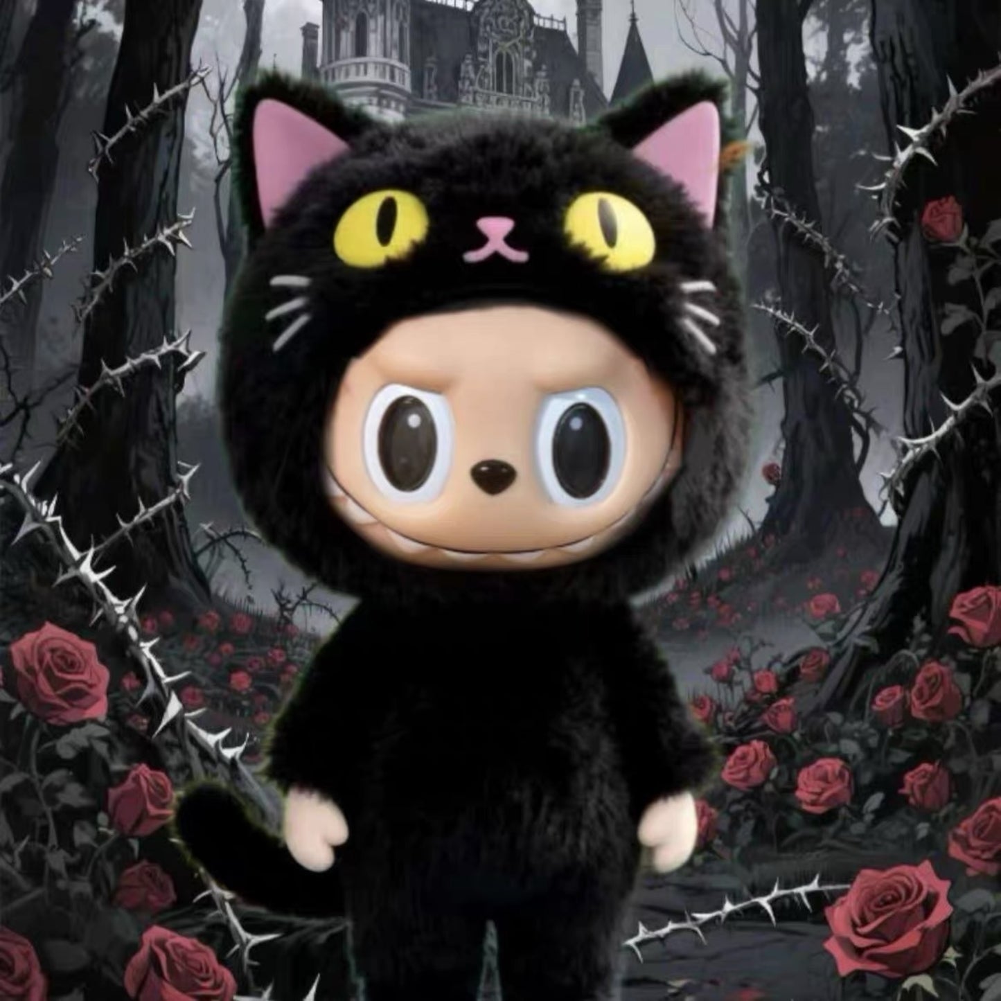 Labubu Doll Wearing a Black Cat Costume with halloween style background