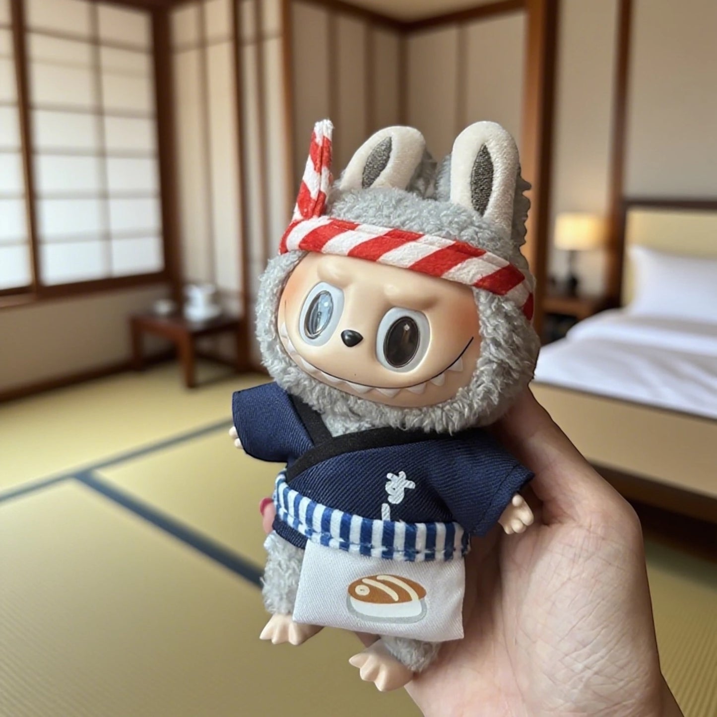 Labubu Doll wearing a Japanese Sushi Chef outfits in the Japan Traditional Room