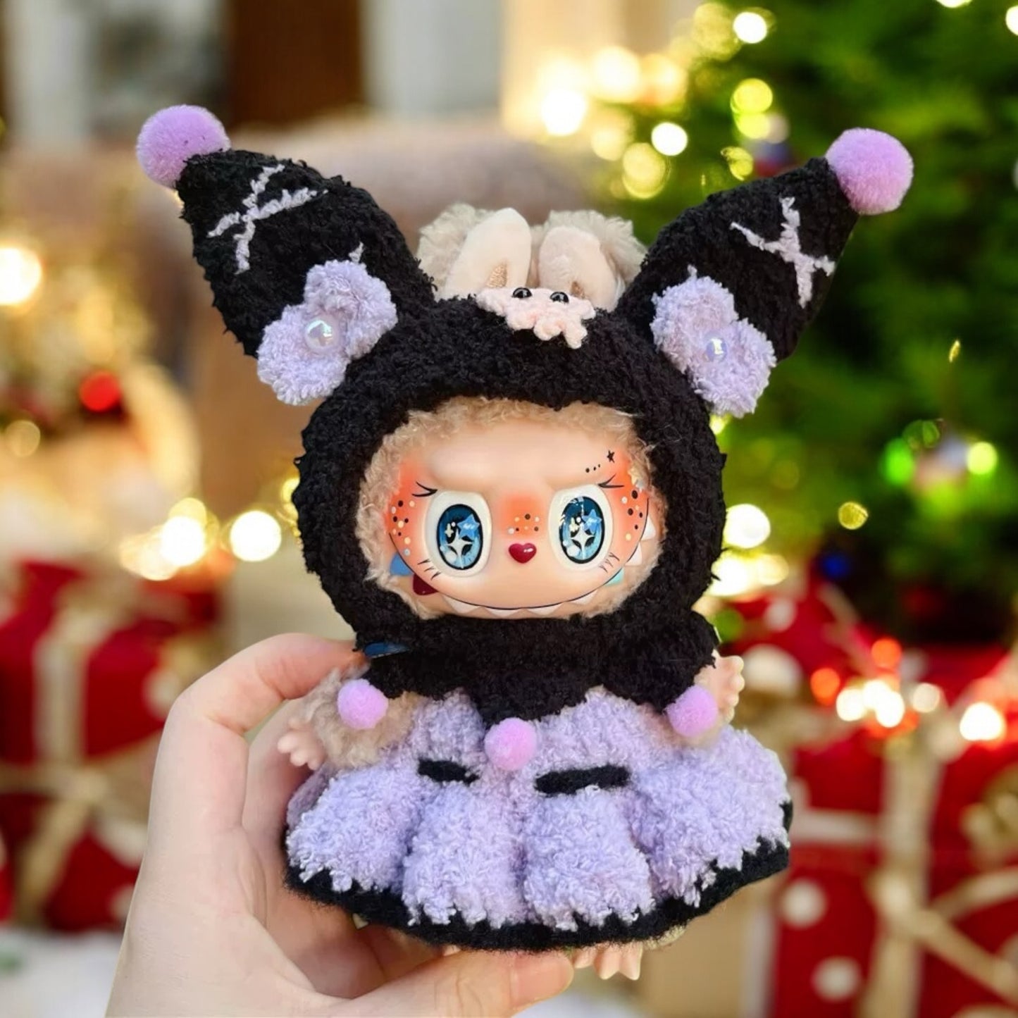 Transform your Labubu figure into the ultimate fashion icon with this handmade Black Purple Kuromi costume! Perfect for versions 1, 2, and 3, this outfit is sure to make a statement. And with worldwide shipping and fast delivery, you can start showing off your unique style in no time. (Labubu figure not included - costume only!), Black Purple Kuromi costum style - Handmand Labubu Doll Outfit