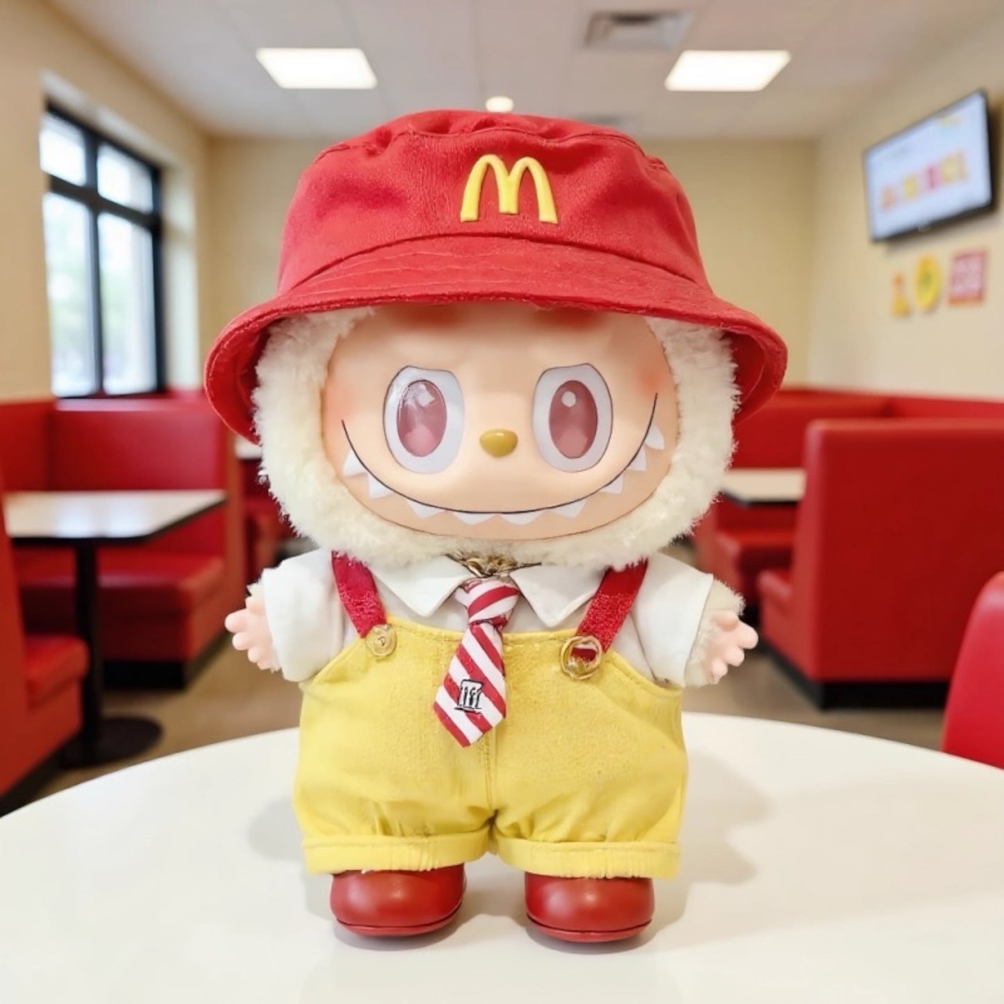 Labubu 17cm Doll Keychain wearing a Fast Food Worker costume with red hat featuring the McDonald's logo in a McDonald restaurant