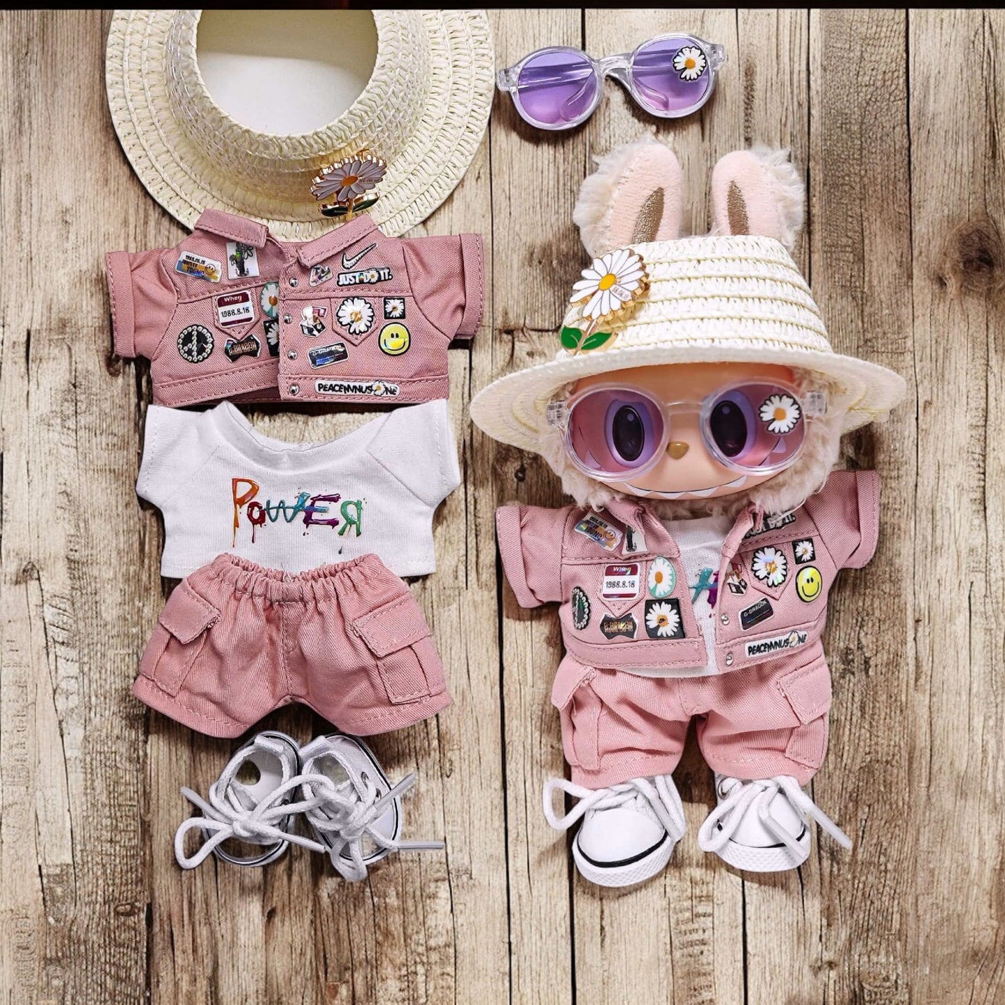 Handmand Daisy Street Utility Set | Pink Jacket + Cargo Pants + Tee + Round Shades + Straw Hat, fits for 17cm Labubu doll