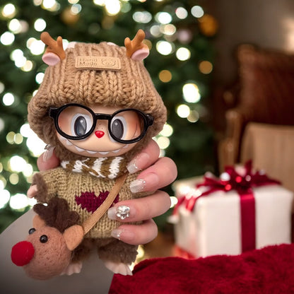 Handmand Cozy Reindeer Winter Outfit Set | Antler Knit Beanie, Nordic Sweater, Scarf & Reindeer Pouch, fits for 17cm Labubu doll