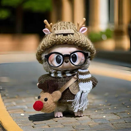 Handmand Cozy Reindeer Winter Outfit Set | Antler Knit Beanie, Nordic Sweater, Scarf & Reindeer Pouch, fits for 17cm Labubu doll