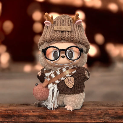 Handmand Cozy Reindeer Winter Outfit Set | Antler Knit Beanie, Nordic Sweater, Scarf & Reindeer Pouch, fits for 17cm Labubu doll