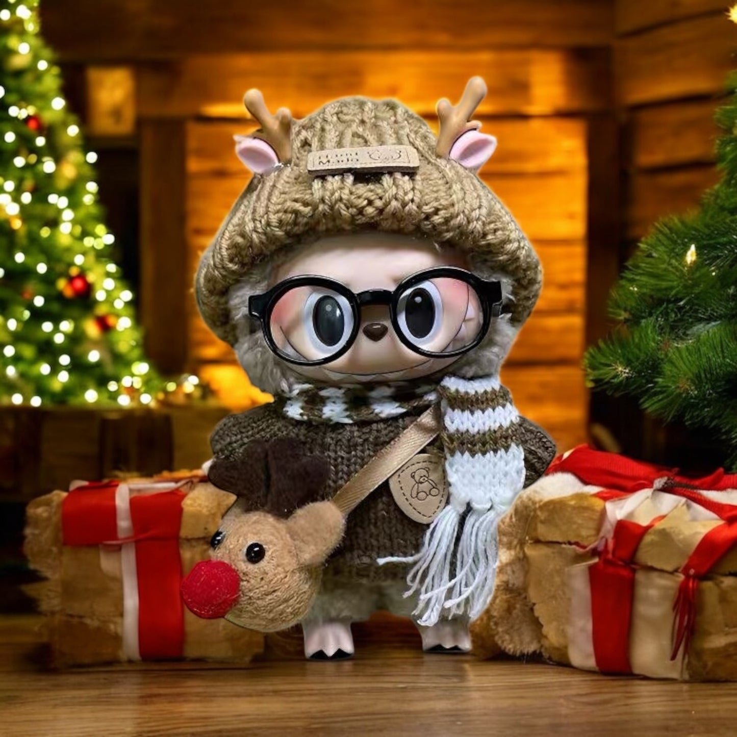 Handmand Cozy Reindeer Winter Outfit Set | Antler Knit Beanie, Nordic Sweater, Scarf & Reindeer Pouch, fits for 17cm Labubu doll