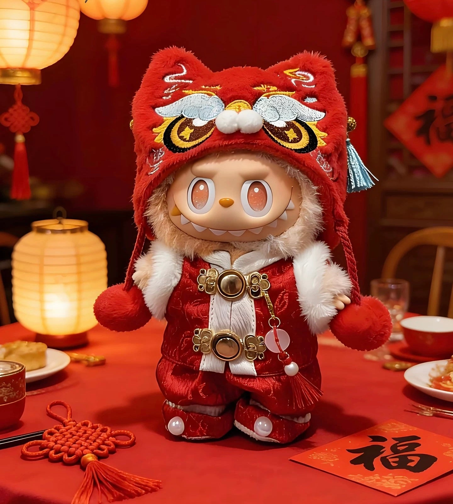 Labubu wearing red Lion Dance outfit and boots for Lunar New Year.