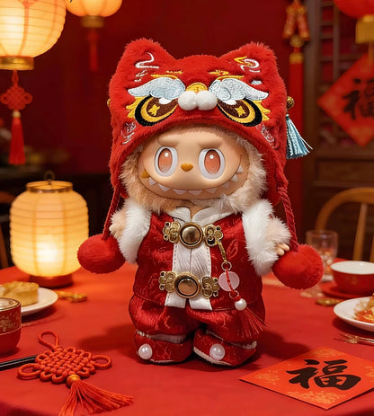Labubu wearing red Lion Dance outfit and boots for Lunar New Year.