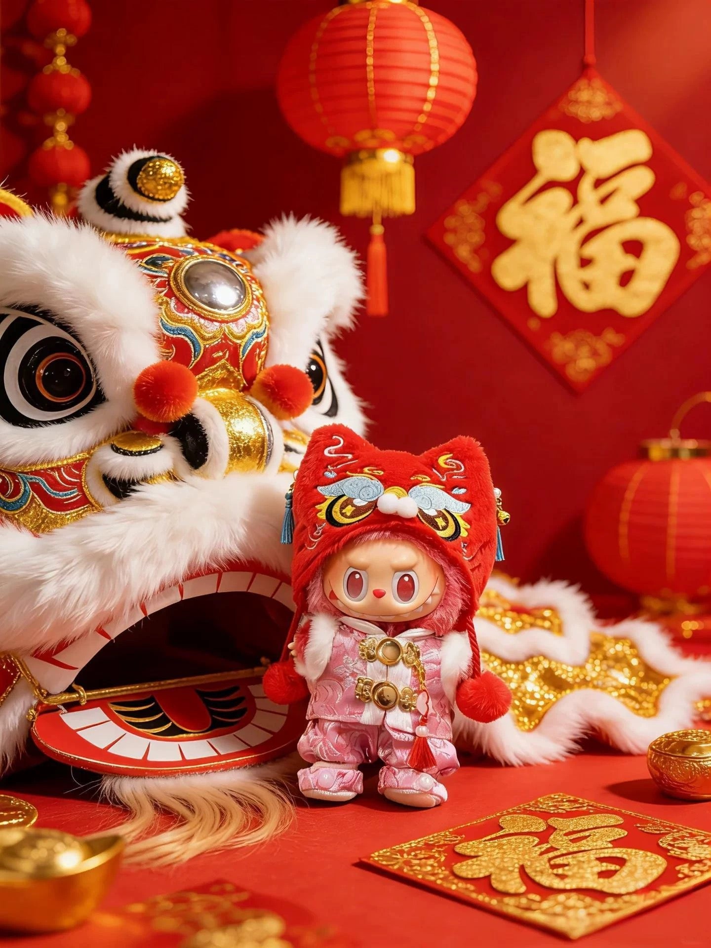 Labubu wearing pink Lion Dance outfit and boots for Lunar New Year.