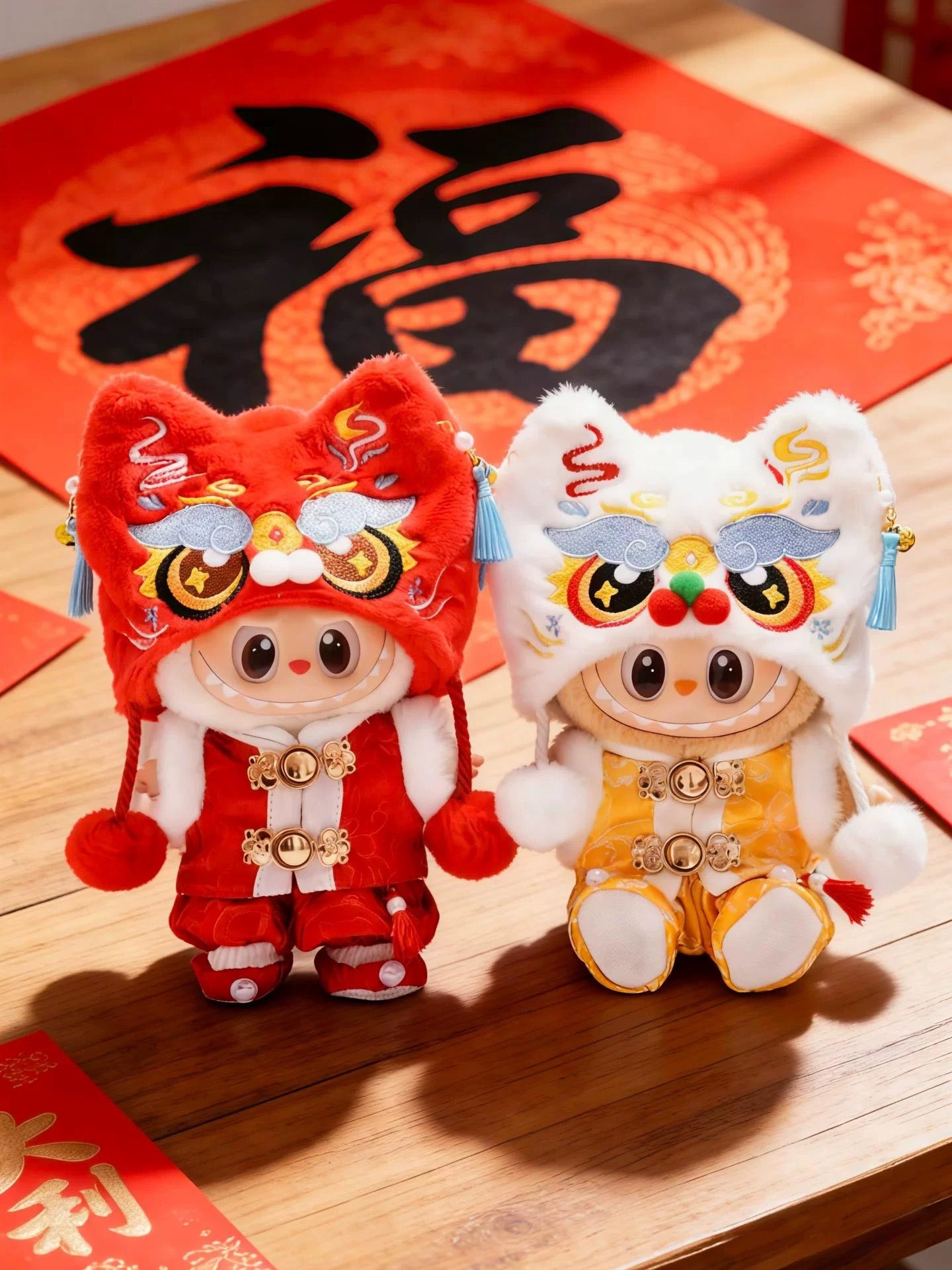 Labubu wearing red and golden yellow Lion Dance outfit and boots for Lunar New Year.