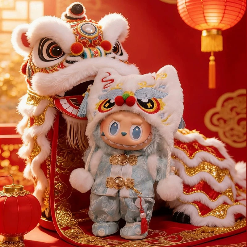 Labubu wearing baby blue Lion Dance outfit and boots for Lunar New Year.
