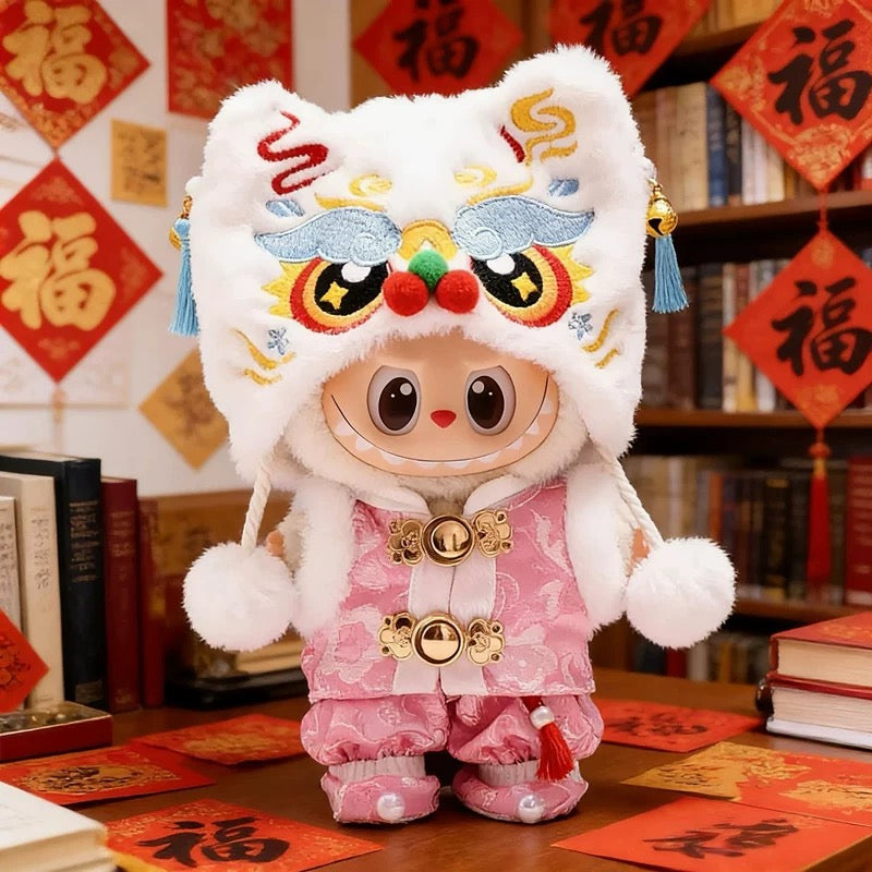 Labubu wearing soft pink Lion Dance outfit and boots for Lunar New Year.