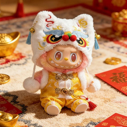 Labubu wearing golden yellow Lion Dance outfit and boots for Lunar New Year.