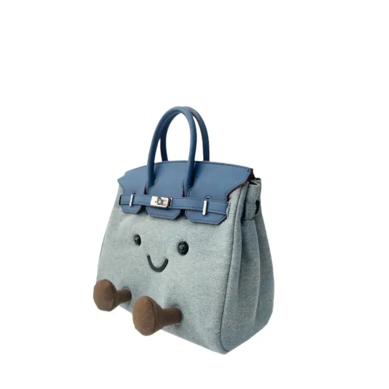 Handmade kawaii plush bag with genuine leather handles and 3D character feet – side view