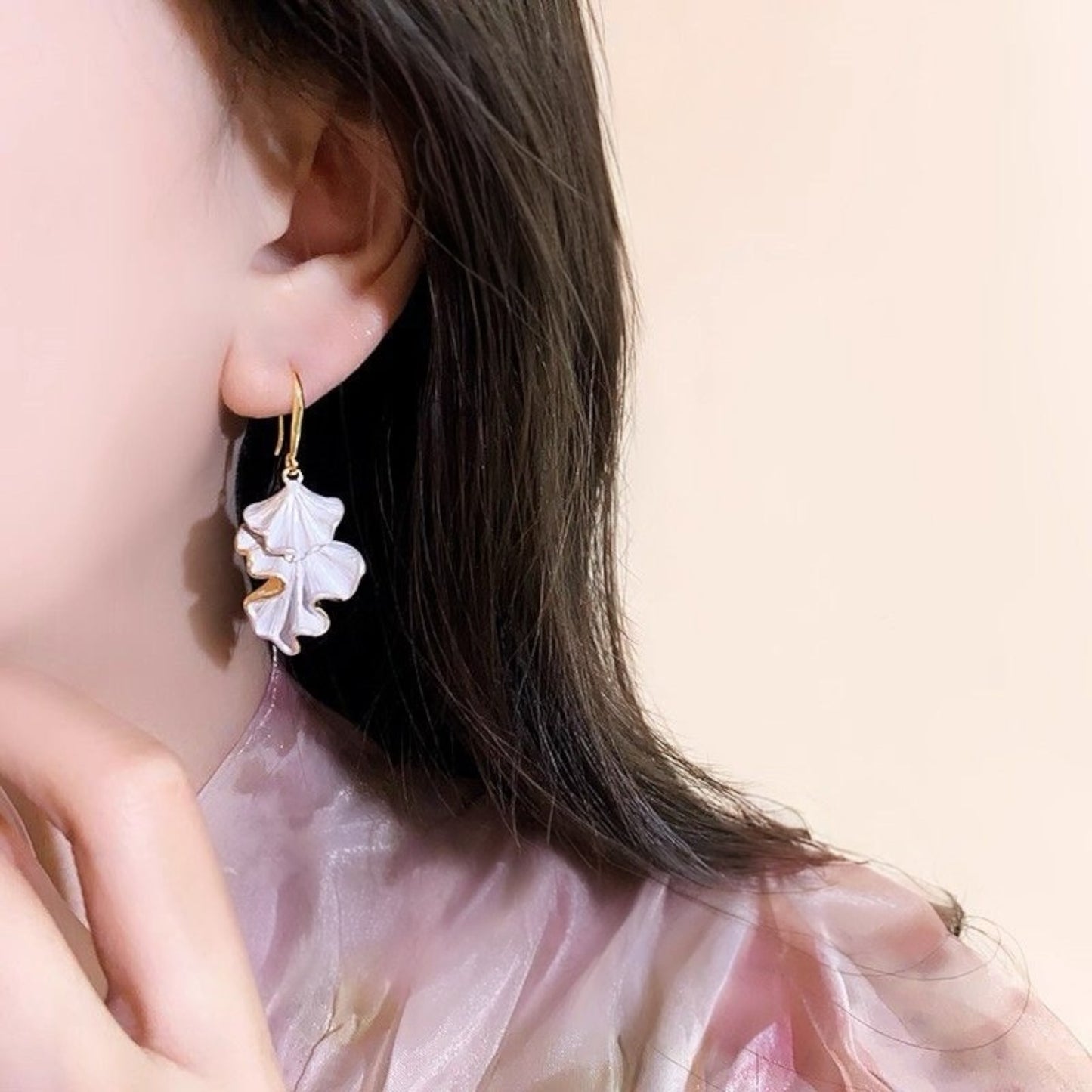 Silken Petal Drop Earrings – Ivory and Gold Elegant Dangle Earrings