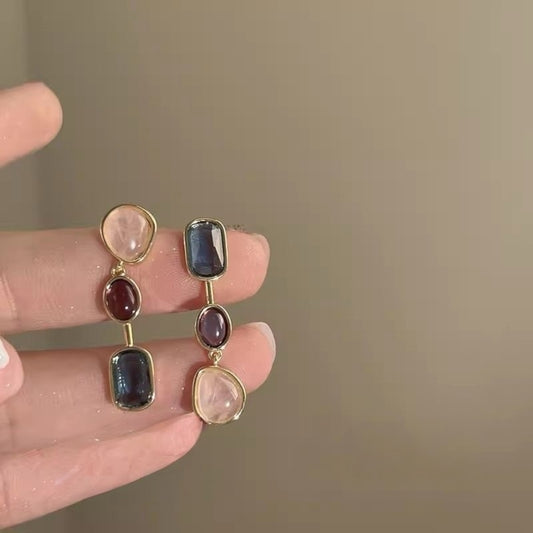 Aurora Trio Gem Drop Earrings – Rose Pink, Garnet Wine & Deep Teal Stones