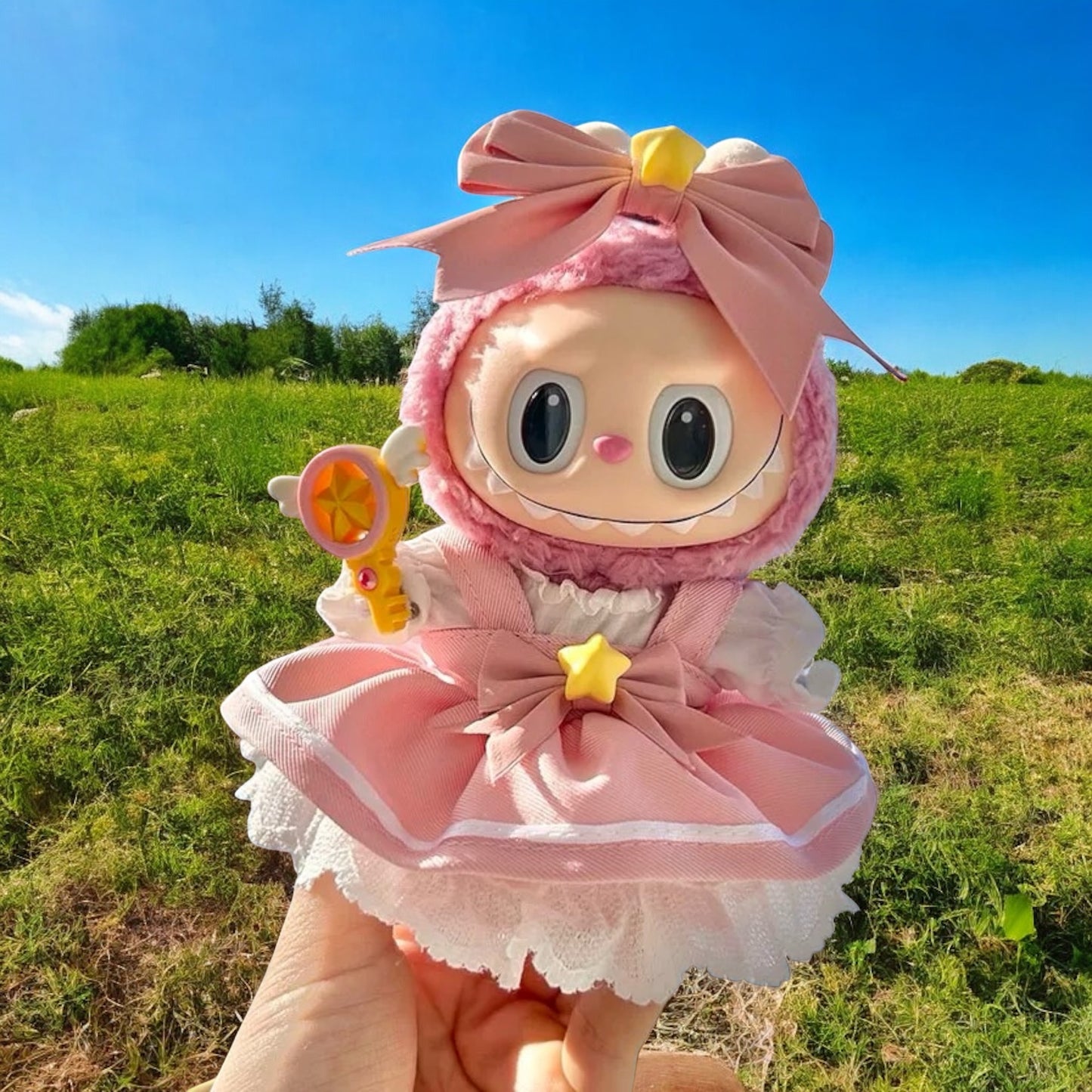 “Pink Magic Star” Outfit Set | Bow Hood, Star Waist Charm, Magic Wand, fit for 17mm Labubu Doll
