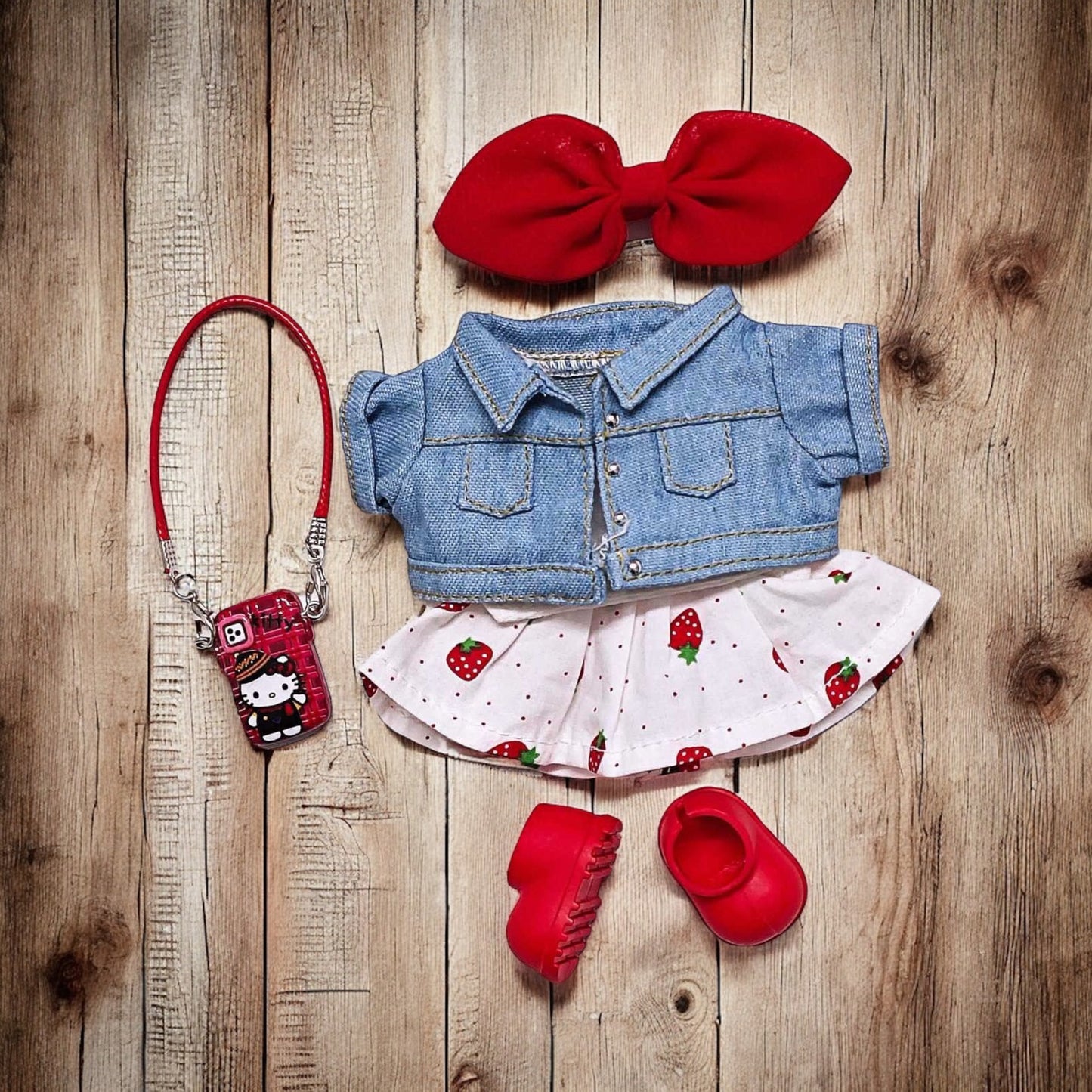 Handmand Strawberry Denim Cutie Set fits for 17cm Labubu doll