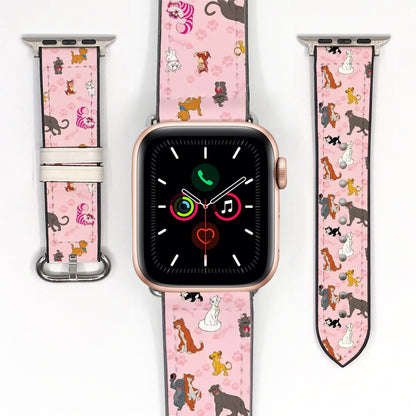 Apple Watch Smartwatch with a pink watch strap featuring disney cats designs on a white background