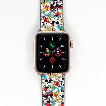 Smartwatch with a colorful Mickey Mouse patterned band on a white background