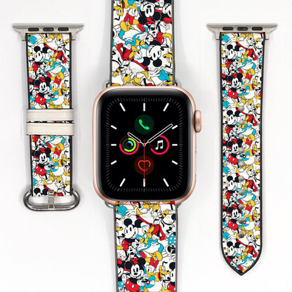 Smartwatch with colorful Mickey Mouse patterned band on a white background