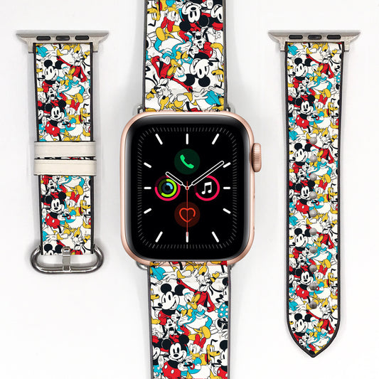 Smartwatch with colorful Mickey Mouse patterned band on a white background