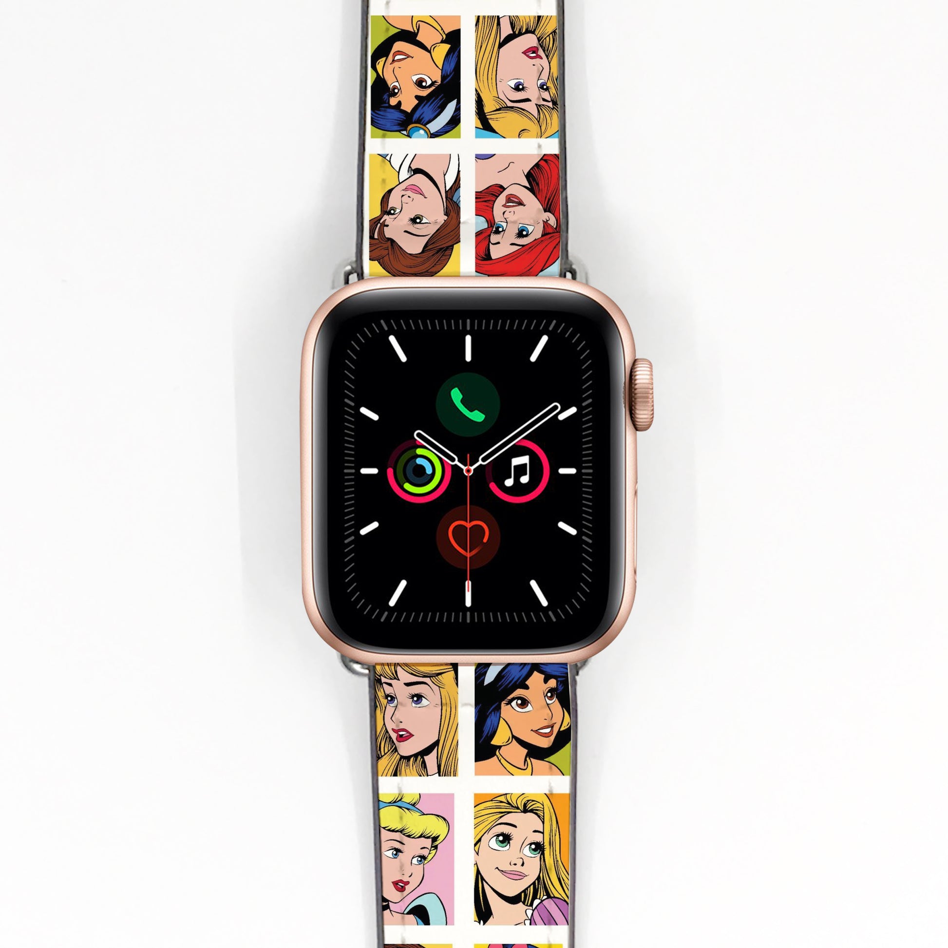 Smartwatch with a colorful band featuring animated characters disney princesses on a white background