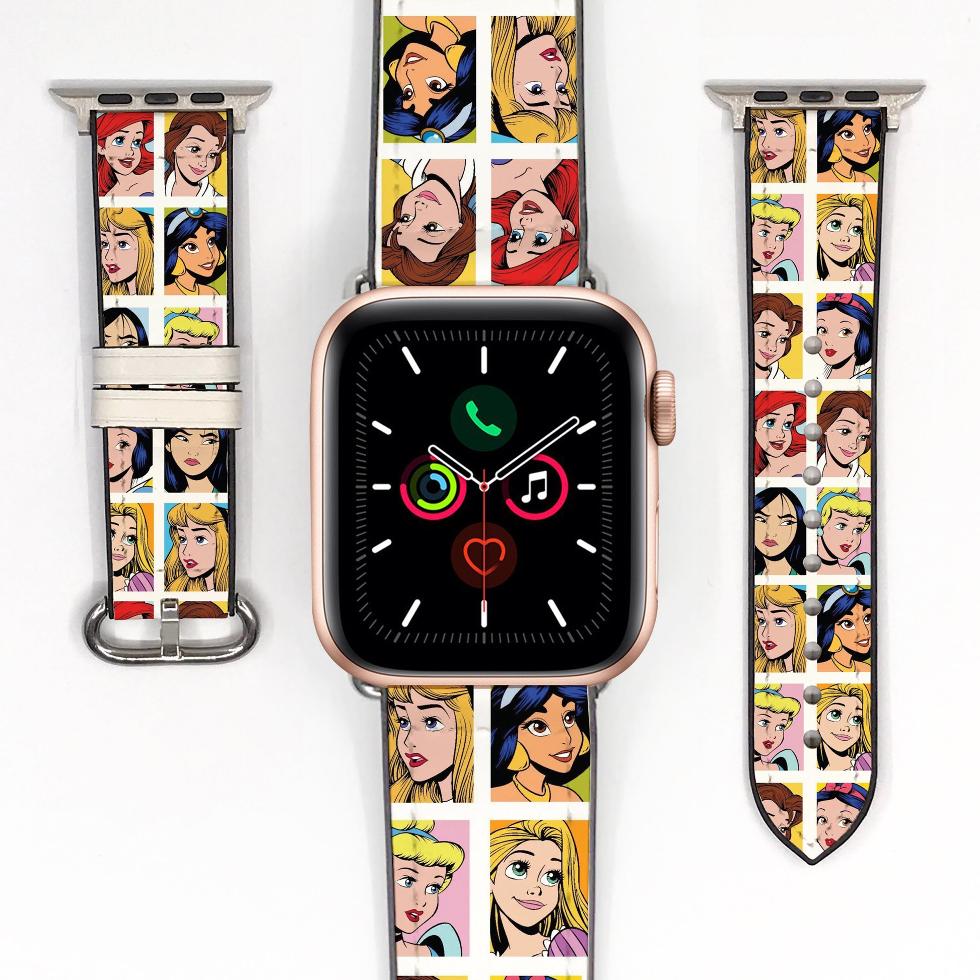 Smartwatch with a colorful band featuring animated characters disney princesses on a white background