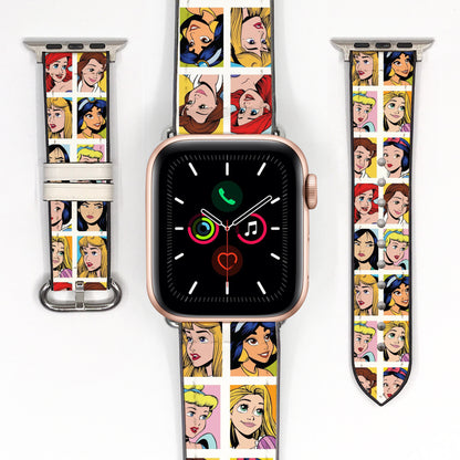 Smartwatch with a colorful band featuring animated characters disney princesses on a white background