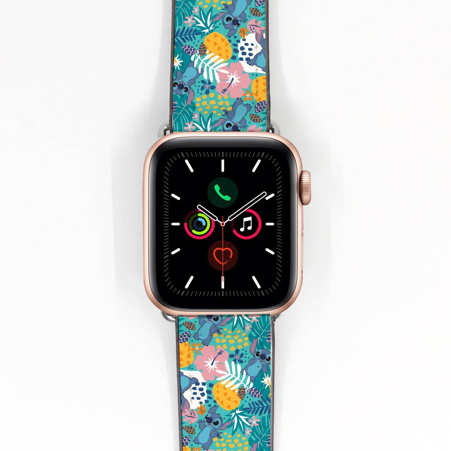 Smartwatch apple watch band with a colorful floral lilo and stitch patterned band on a white background