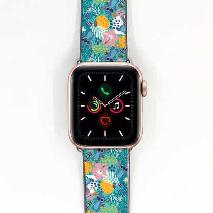 Smartwatch apple watch band with a colorful floral lilo and stitch patterned band on a white background