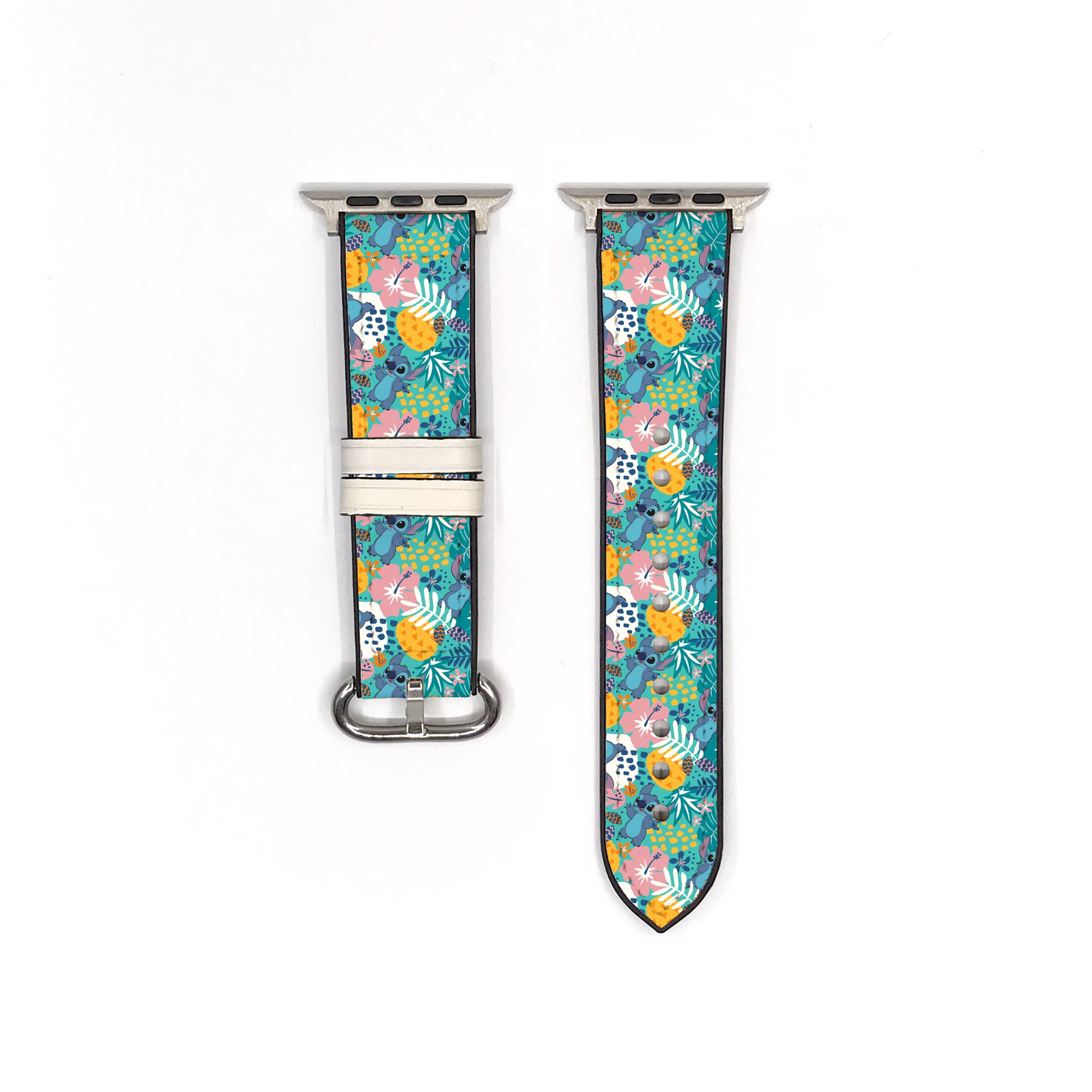 Smartwatch apple watch band with a colorful floral lilo and stitch patterned band on a white background