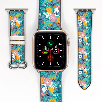 Smartwatch apple watch band with a colorful floral lilo and stitch patterned band on a white background